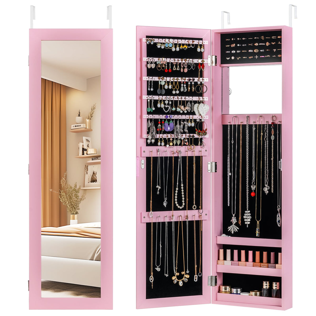 Jewelry Cabinet Wall or Door Mounted Jewelry Armoire Modern Hanging Jewelry Organizer-Pink-Jewelry Armoires-DECOROLALA
