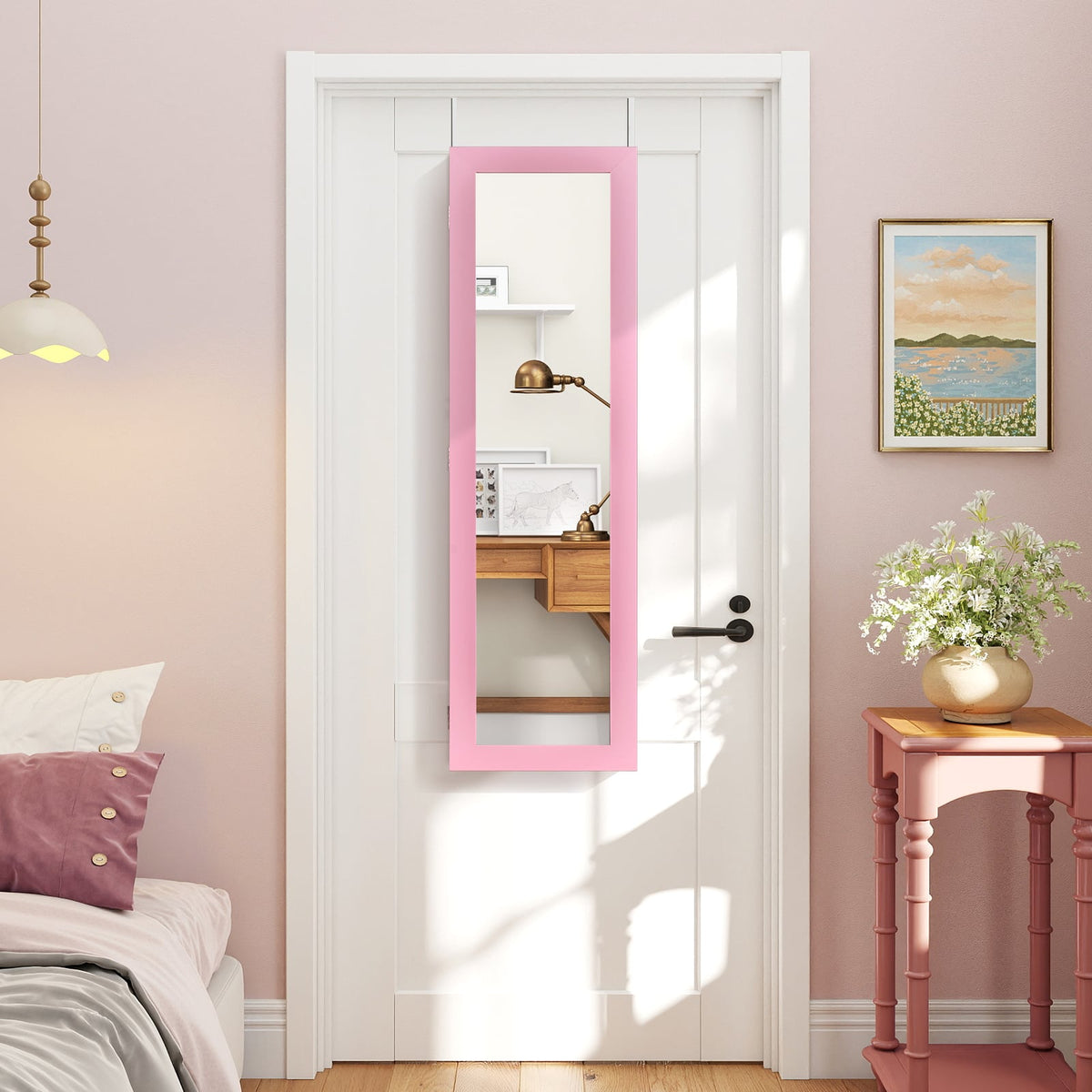 Jewelry Cabinet Wall or Door Mounted Jewelry Armoire Modern Hanging Jewelry Organizer-Pink-Jewelry Armoires-DECOROLALA