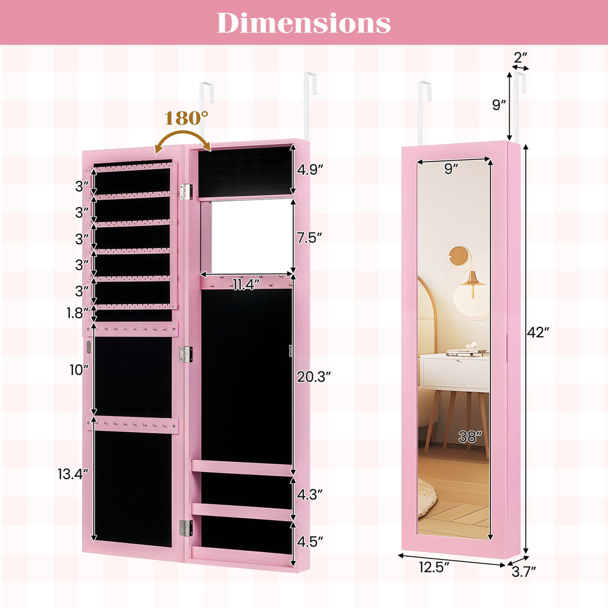 Jewelry Cabinet Wall or Door Mounted Jewelry Armoire Modern Hanging Jewelry Organizer-Pink-Jewelry Armoires-DECOROLALA