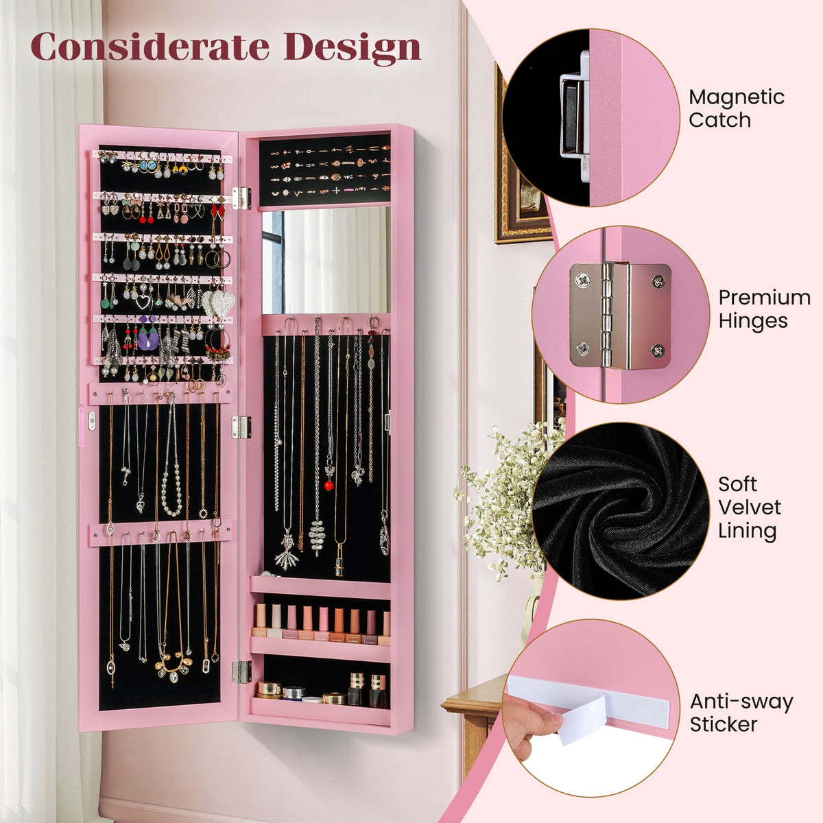 Jewelry Cabinet Wall or Door Mounted Jewelry Armoire Modern Hanging Jewelry Organizer-Pink-Jewelry Armoires-DECOROLALA