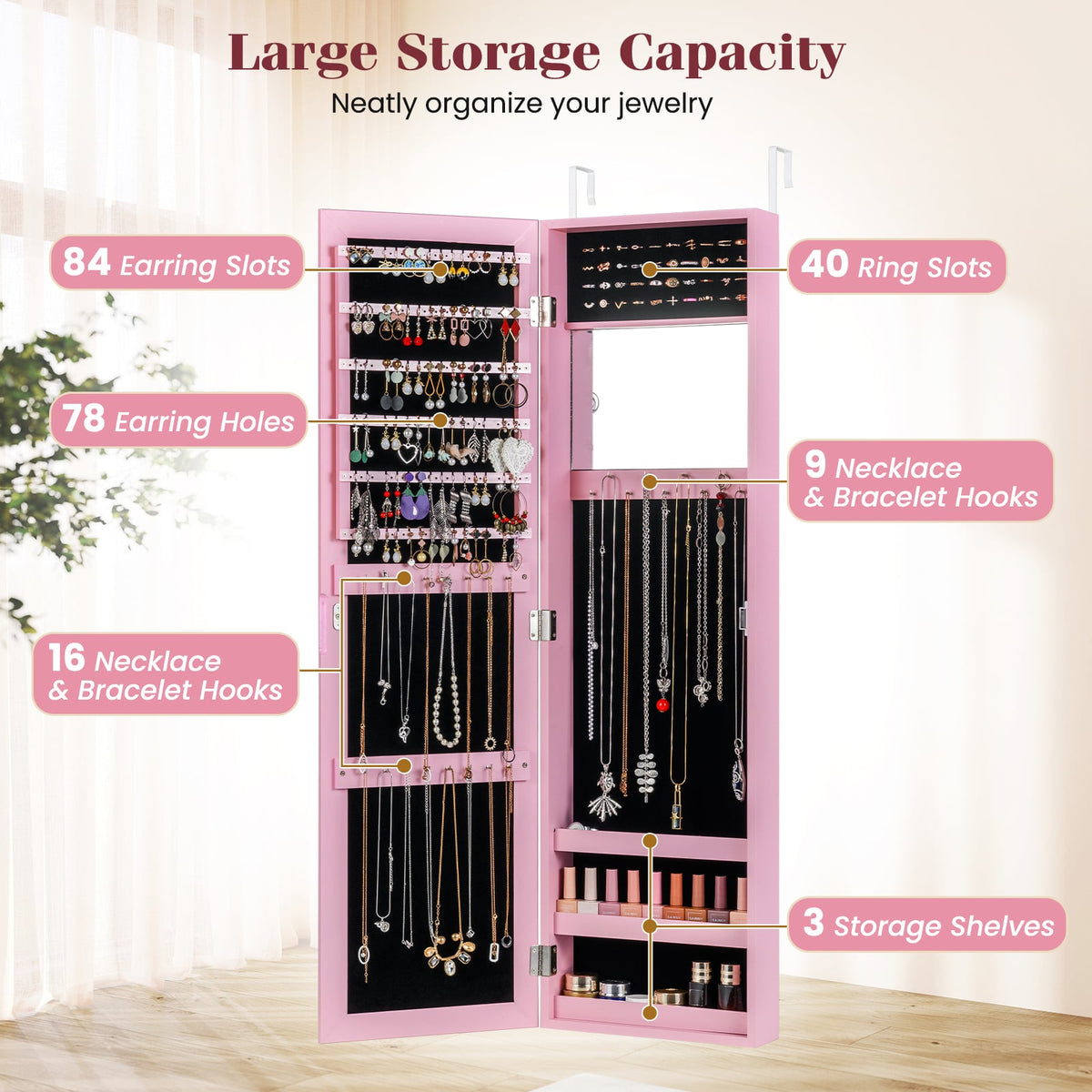 Jewelry Cabinet Wall or Door Mounted Jewelry Armoire Modern Hanging Jewelry Organizer-Pink-Jewelry Armoires-DECOROLALA