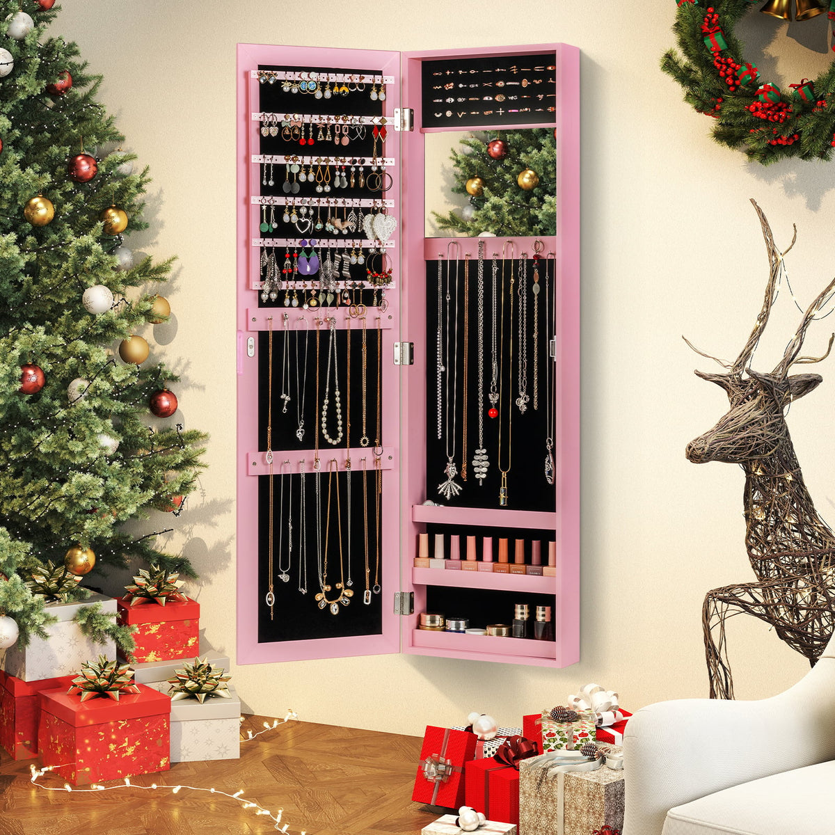 Jewelry Cabinet Wall or Door Mounted Jewelry Armoire Modern Hanging Jewelry Organizer-Pink-Jewelry Armoires-DECOROLALA