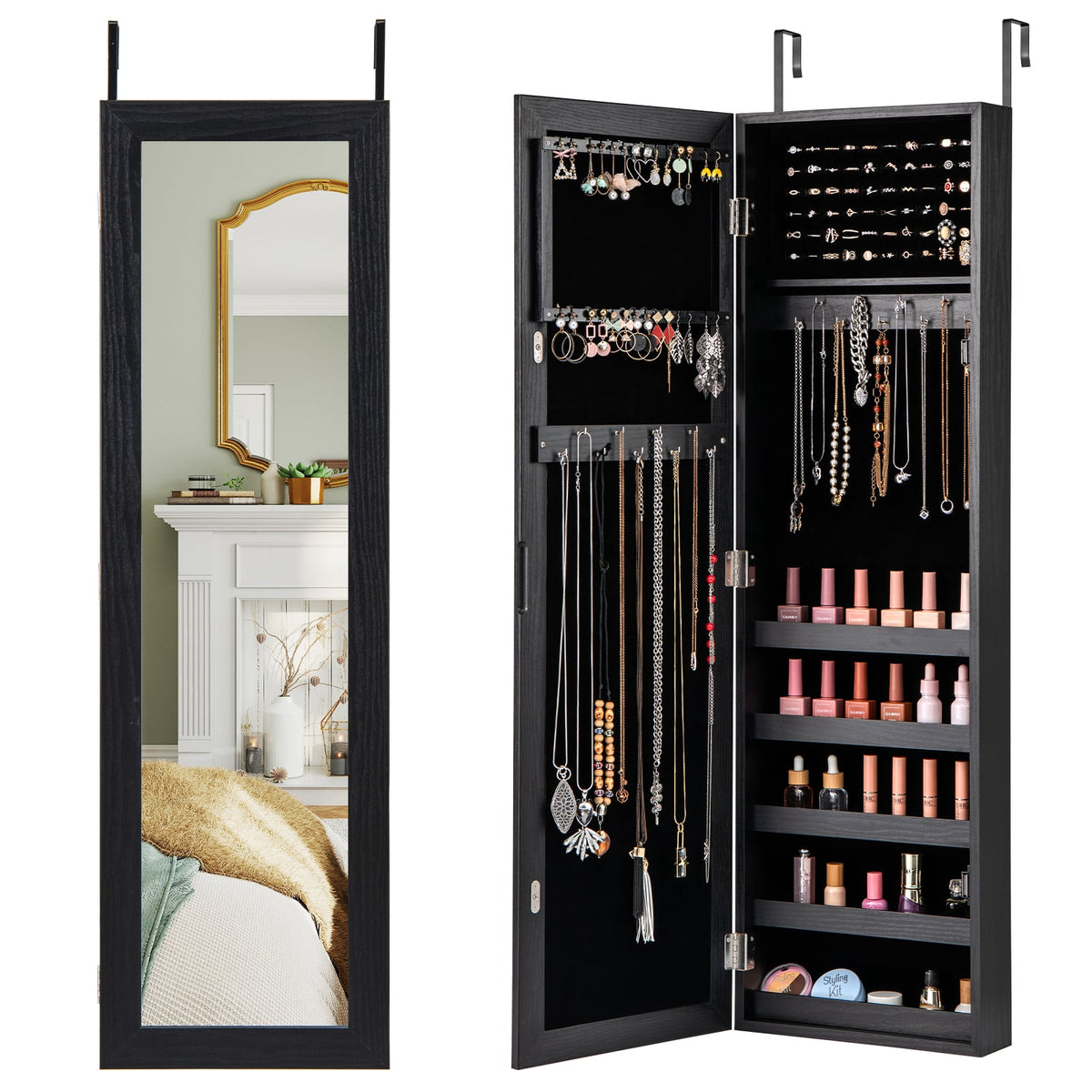 Jewelry Cabinet Wall or Door Mounted Jewelry Armoire with Full-Length Mirror-Black-Jewelry Armoires-DECOROLALA