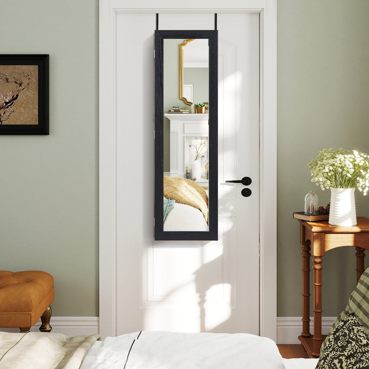 Jewelry Cabinet Wall or Door Mounted Jewelry Armoire with Full-Length Mirror-Black-Jewelry Armoires-DECOROLALA