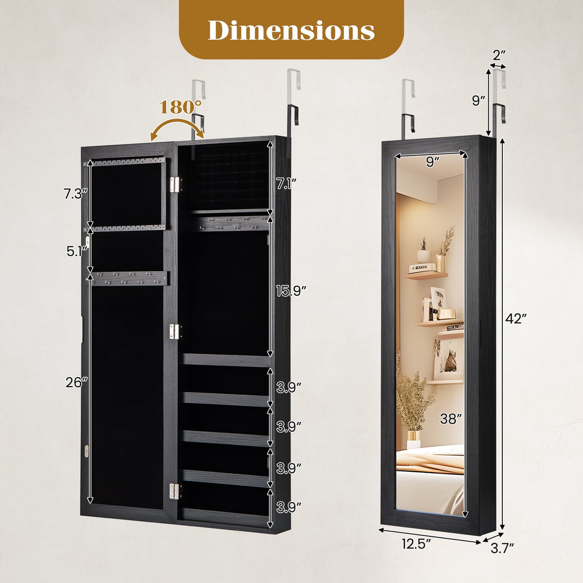Jewelry Cabinet Wall or Door Mounted Jewelry Armoire with Full-Length Mirror-Black-Jewelry Armoires-DECOROLALA