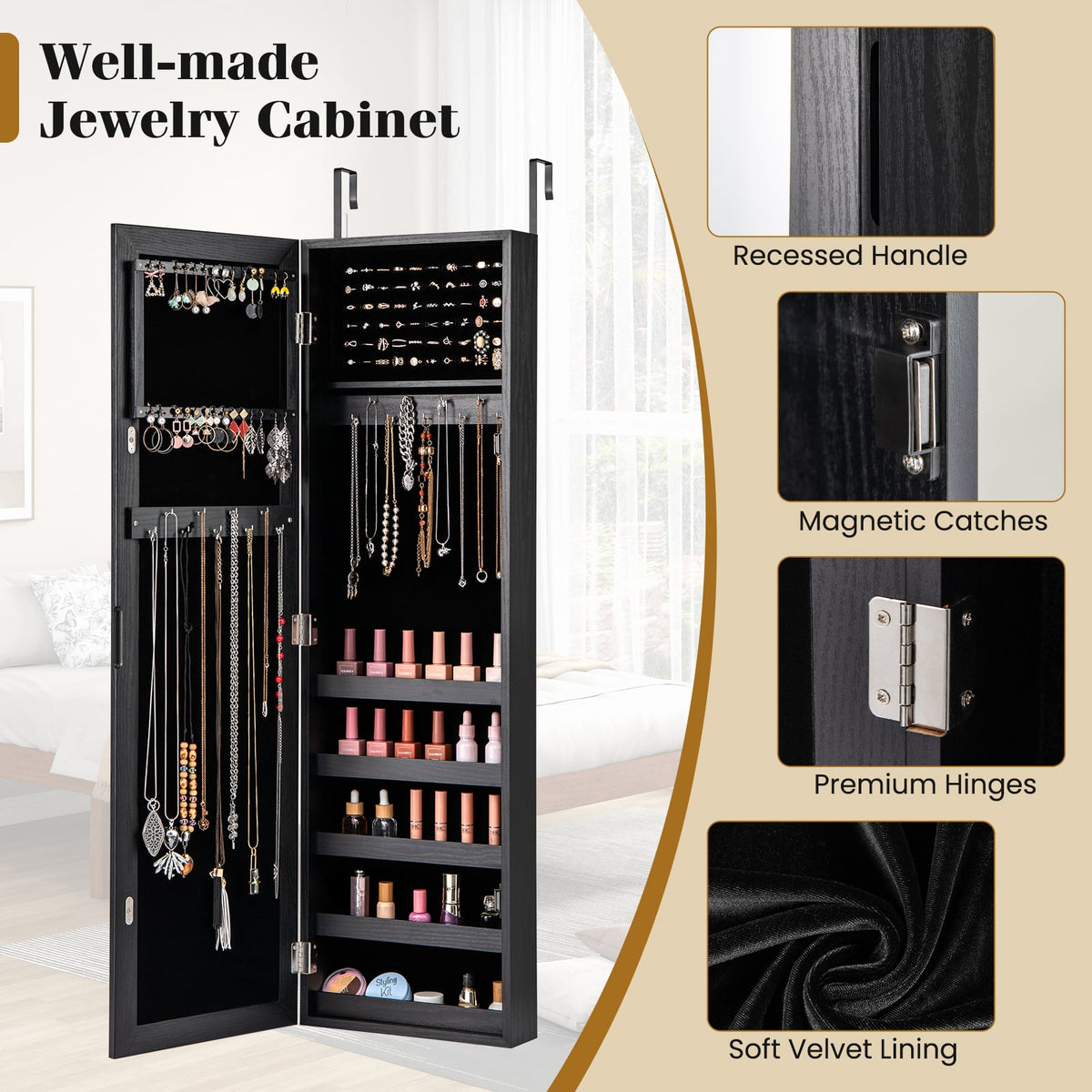 Jewelry Cabinet Wall or Door Mounted Jewelry Armoire with Full-Length Mirror-Black-Jewelry Armoires-DECOROLALA
