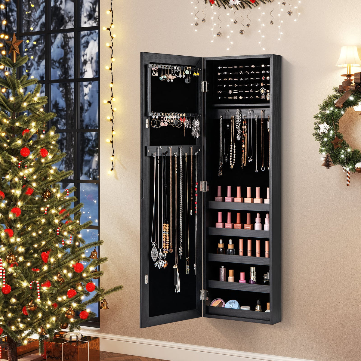 Jewelry Cabinet Wall or Door Mounted Jewelry Armoire with Full-Length Mirror-Black-Jewelry Armoires-DECOROLALA