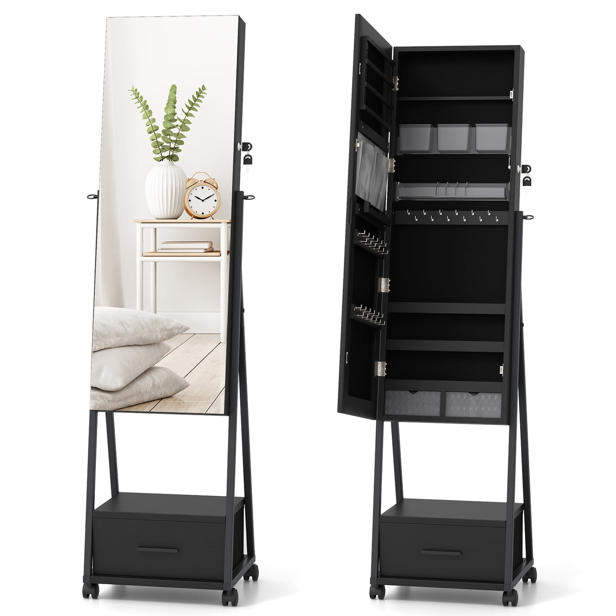 Jewelry Cabinet with Full-Length Mirror-Black-Jewelry Armoires-DECOROLALA