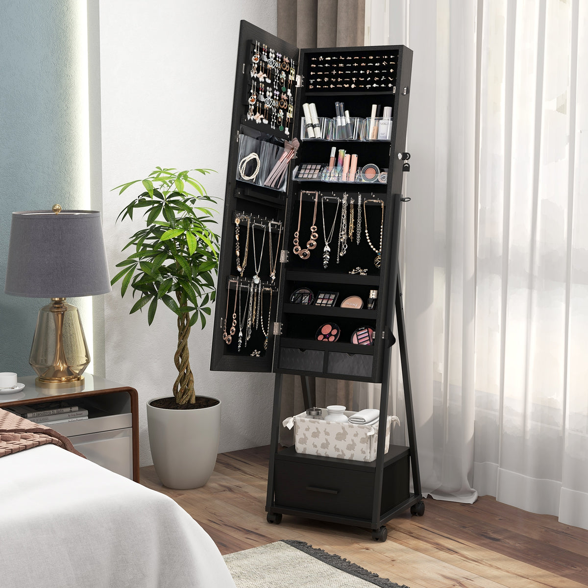 Jewelry Cabinet with Full-Length Mirror-Black-Jewelry Armoires-DECOROLALA