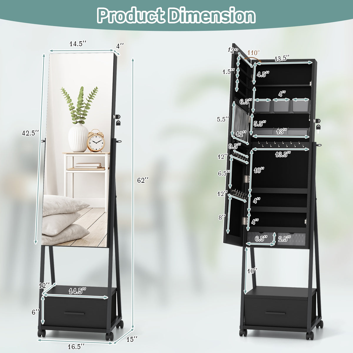 Jewelry Cabinet with Full-Length Mirror-Black-Jewelry Armoires-DECOROLALA