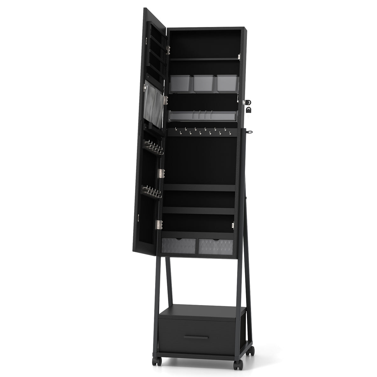 Jewelry Cabinet with Full-Length Mirror-Black-Jewelry Armoires-DECOROLALA
