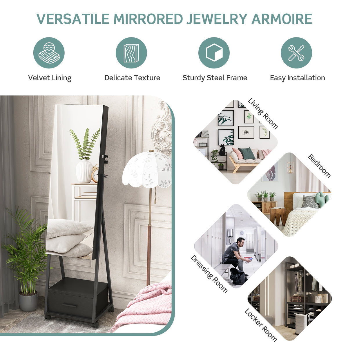 Jewelry Cabinet with Full-Length Mirror-Black-Jewelry Armoires-DECOROLALA