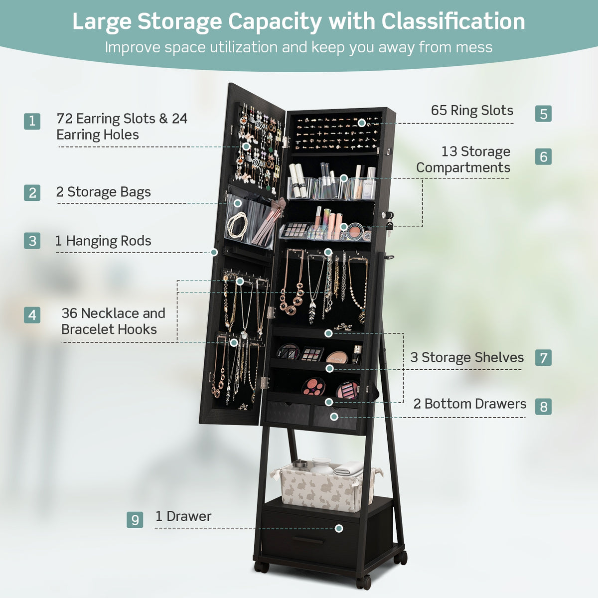 Jewelry Cabinet with Full-Length Mirror-Black-Jewelry Armoires-DECOROLALA