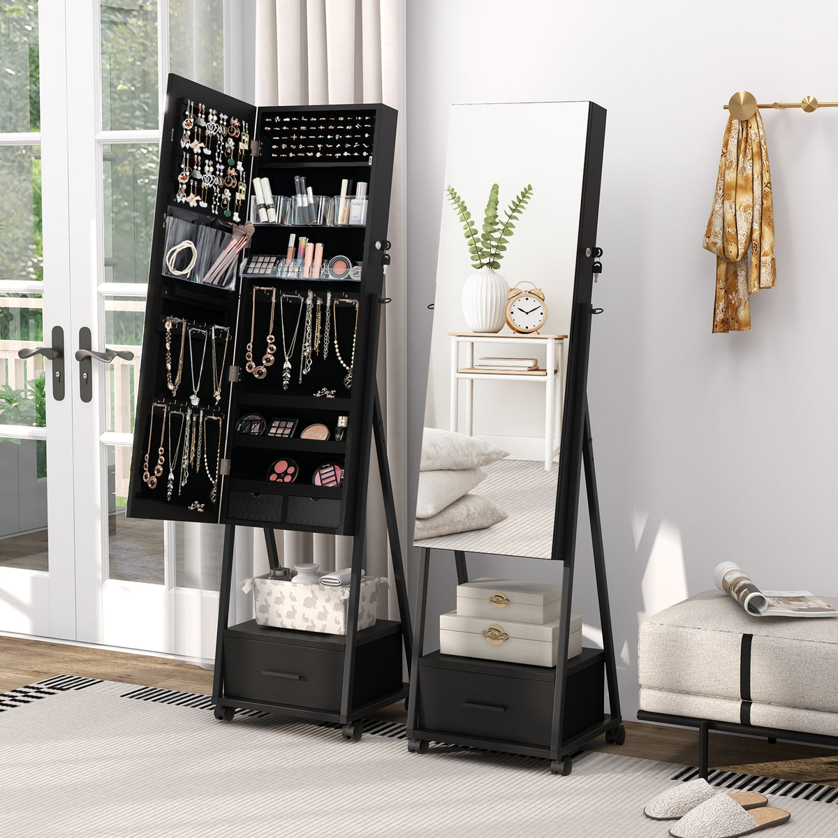 Jewelry Cabinet with Full-Length Mirror-Black-Jewelry Armoires-DECOROLALA