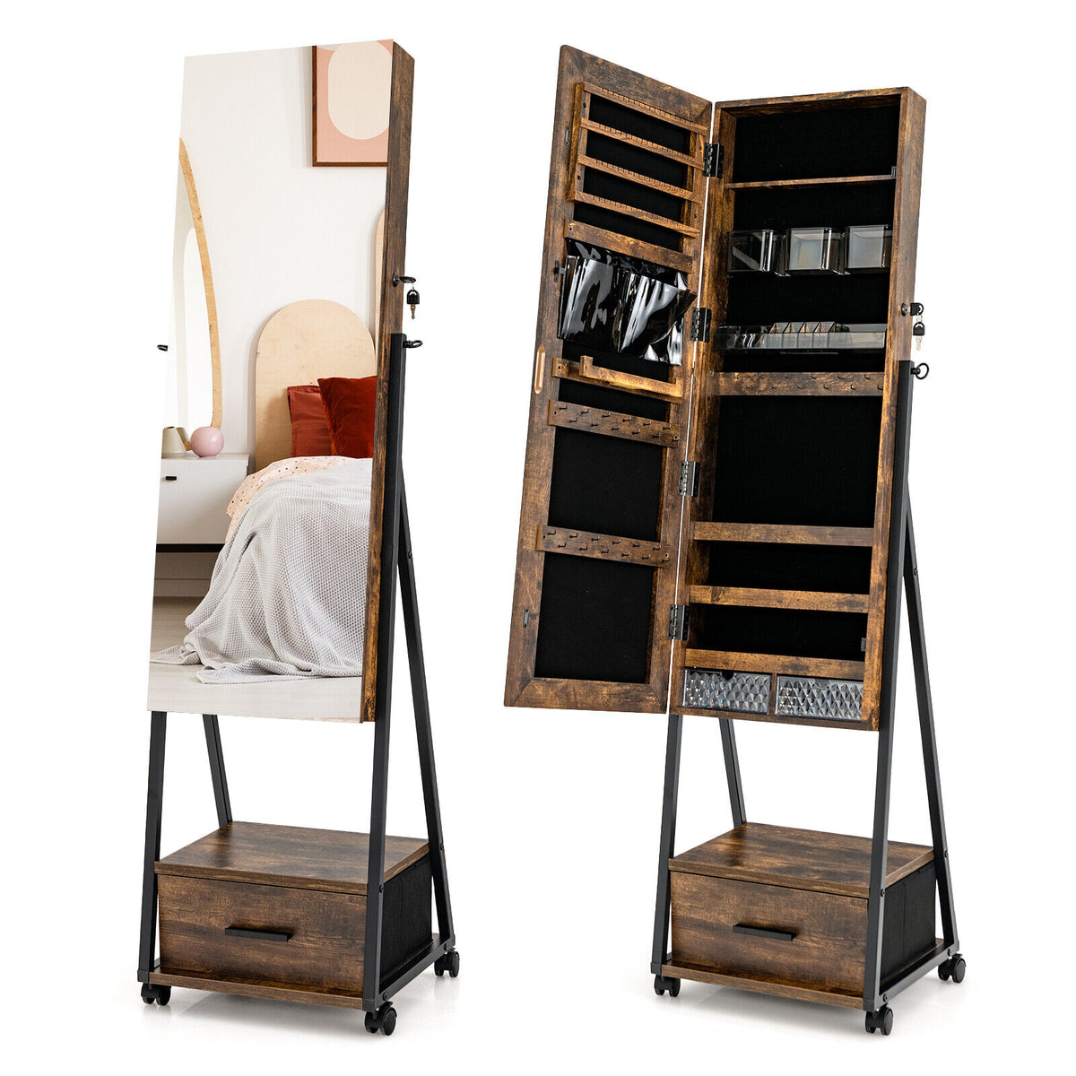 Jewelry Cabinet with Full Length Mirror-Brown-Jewelry Armoires-DECOROLALA