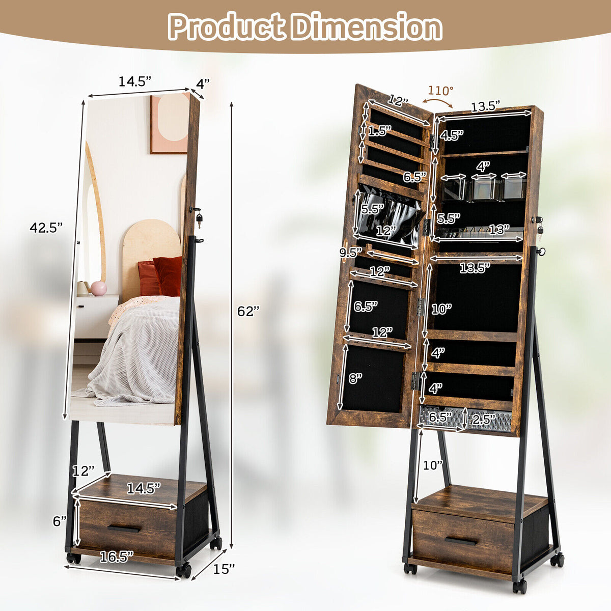 Jewelry Cabinet with Full Length Mirror-Brown-Jewelry Armoires-DECOROLALA