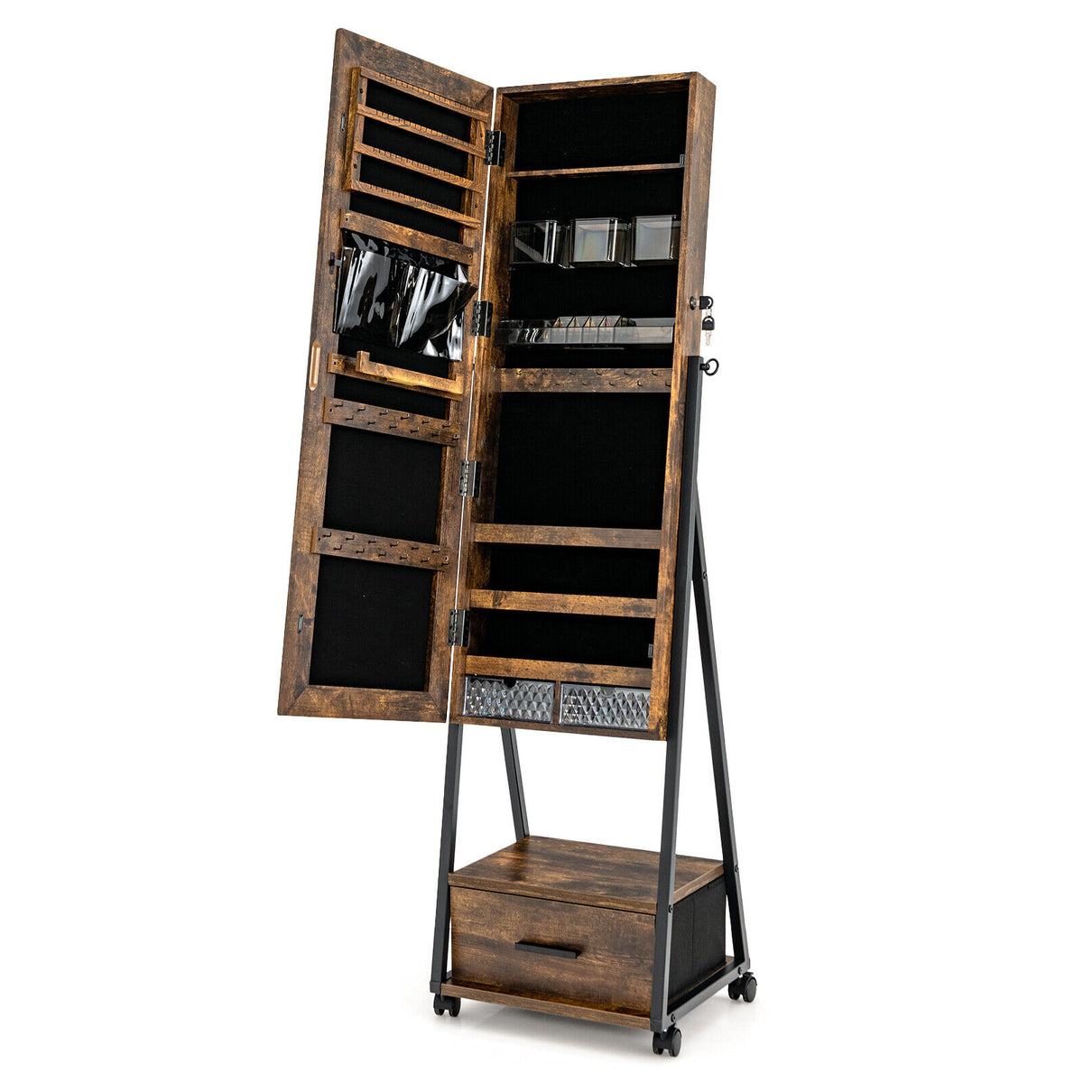 Jewelry Cabinet with Full Length Mirror-Brown-Jewelry Armoires-DECOROLALA