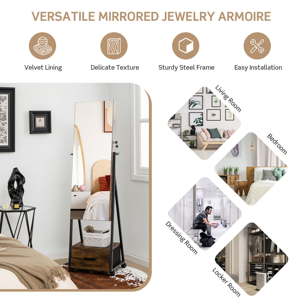 Jewelry Cabinet with Full Length Mirror-Brown-Jewelry Armoires-DECOROLALA