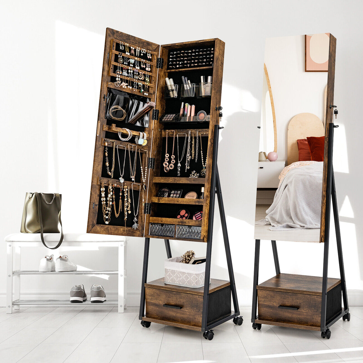 Jewelry Cabinet with Full Length Mirror-Brown-Jewelry Armoires-DECOROLALA