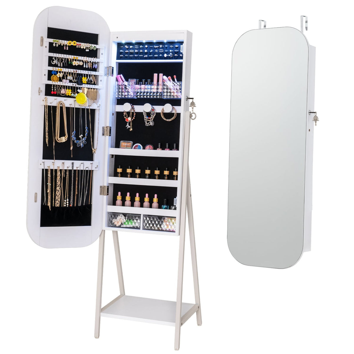 Jewelry Cabinet with Full-Length Mirror Large Storage Capacity-White-Jewelry Armoires-DECOROLALA