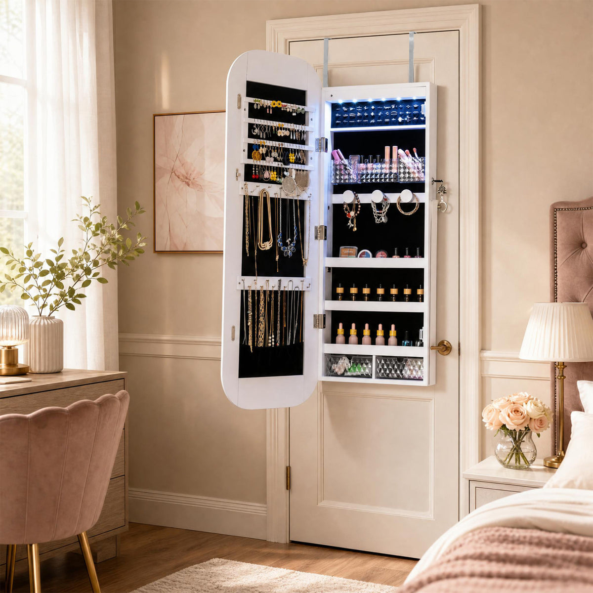 Jewelry Cabinet with Full-Length Mirror Large Storage Capacity-White-Jewelry Armoires-DECOROLALA