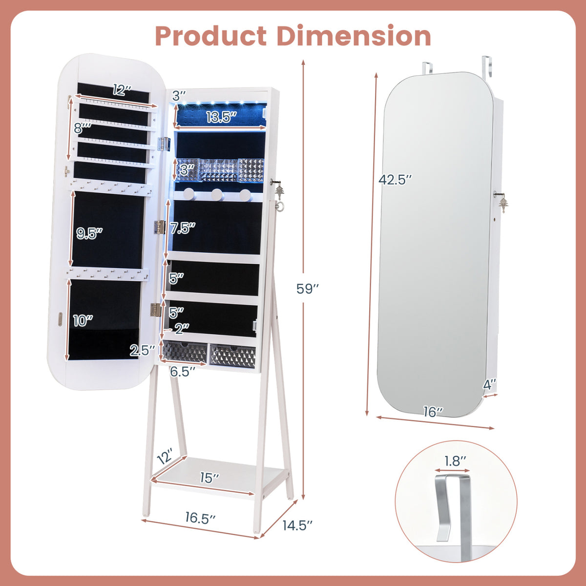 Jewelry Cabinet with Full-Length Mirror Large Storage Capacity-White-Jewelry Armoires-DECOROLALA