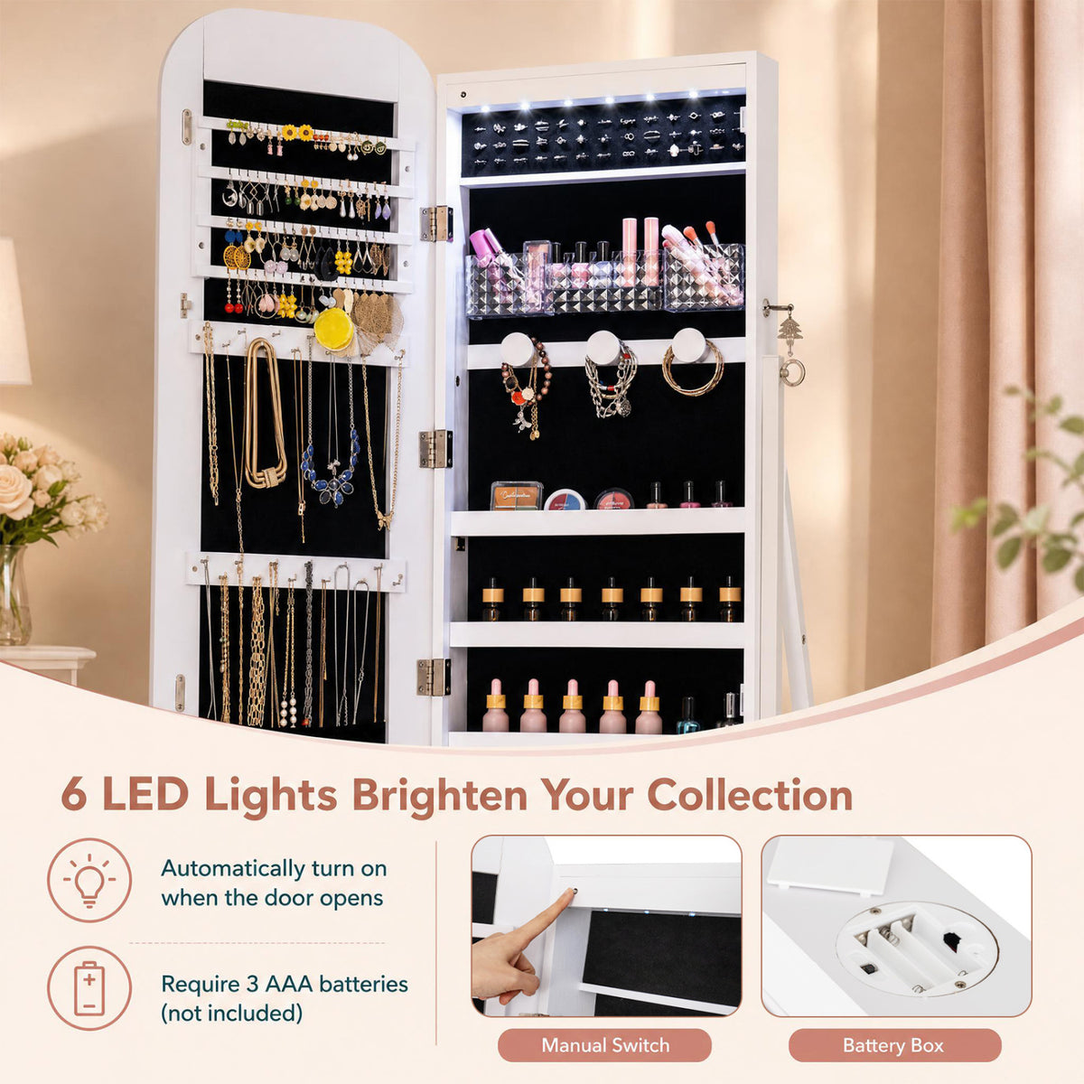 Jewelry Cabinet with Full-Length Mirror Large Storage Capacity-White-Jewelry Armoires-DECOROLALA