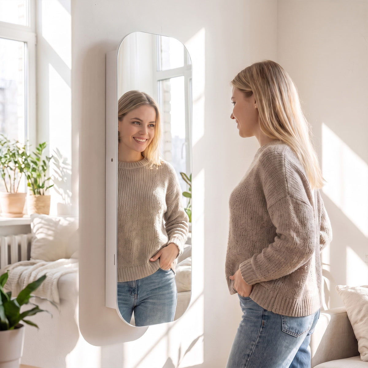 Jewelry Cabinet with Full-Length Mirror Large Storage Capacity-White-Jewelry Armoires-DECOROLALA