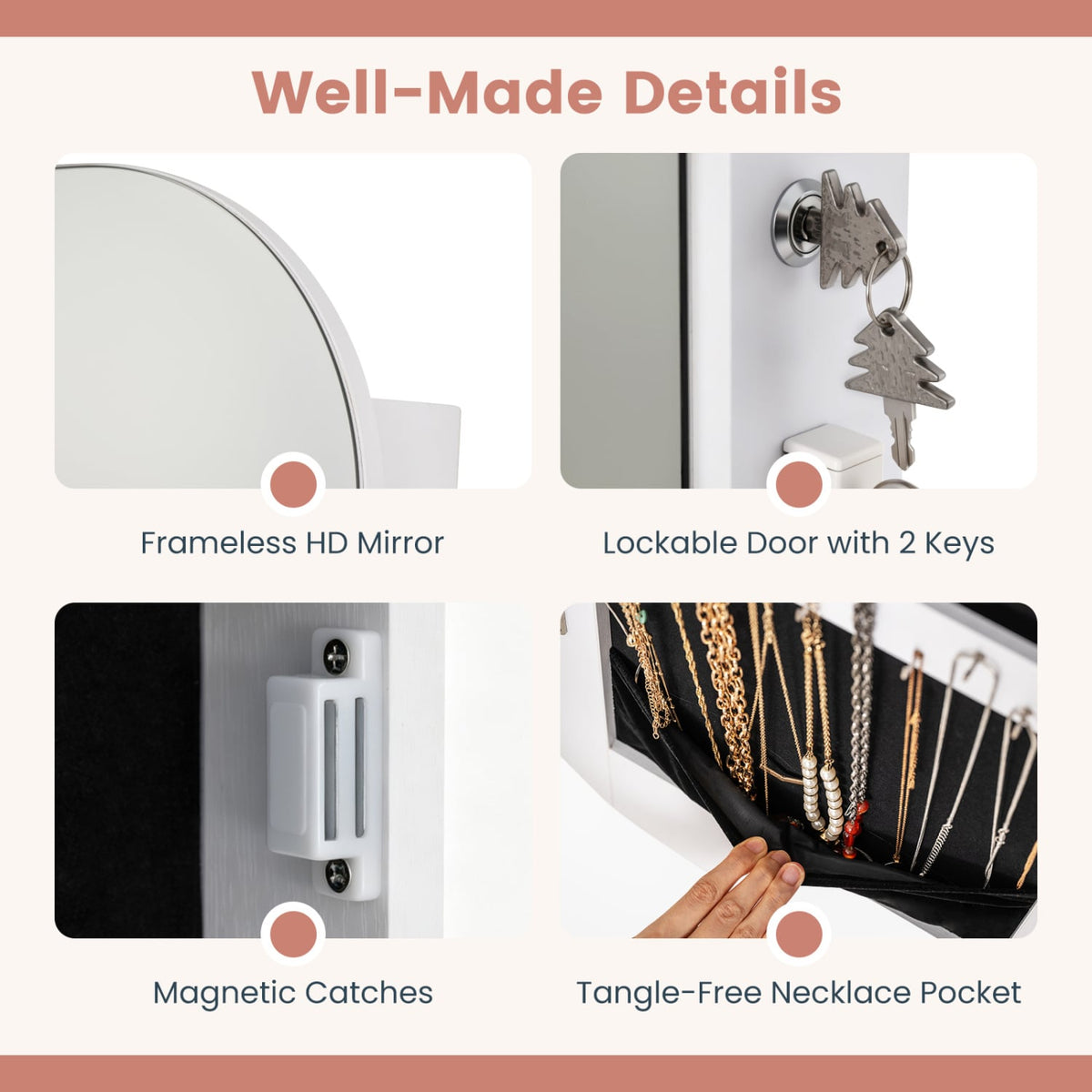 Jewelry Cabinet with Full-Length Mirror Large Storage Capacity-White-Jewelry Armoires-DECOROLALA