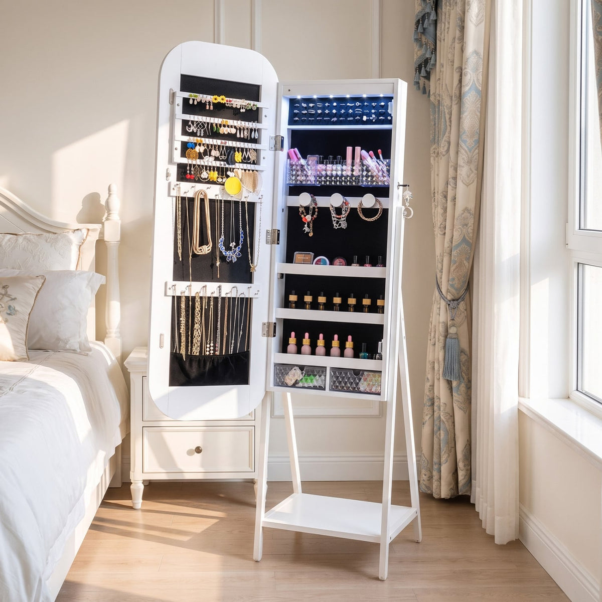 Jewelry Cabinet with Full-Length Mirror Large Storage Capacity-White-Jewelry Armoires-DECOROLALA