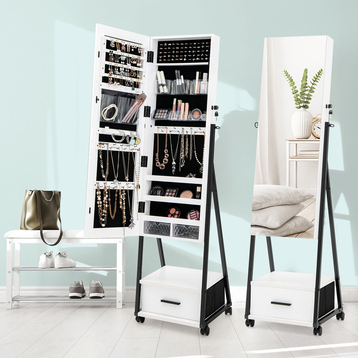 Jewelry Cabinet with Full-Length Mirror-White-Jewelry Armoires-DECOROLALA