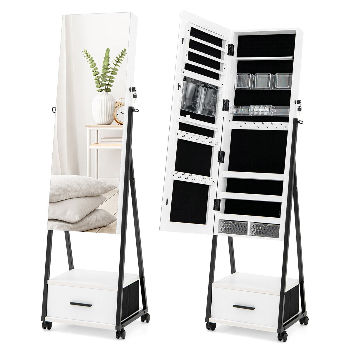 Jewelry Cabinet with Full-Length Mirror-White-Jewelry Armoires-DECOROLALA