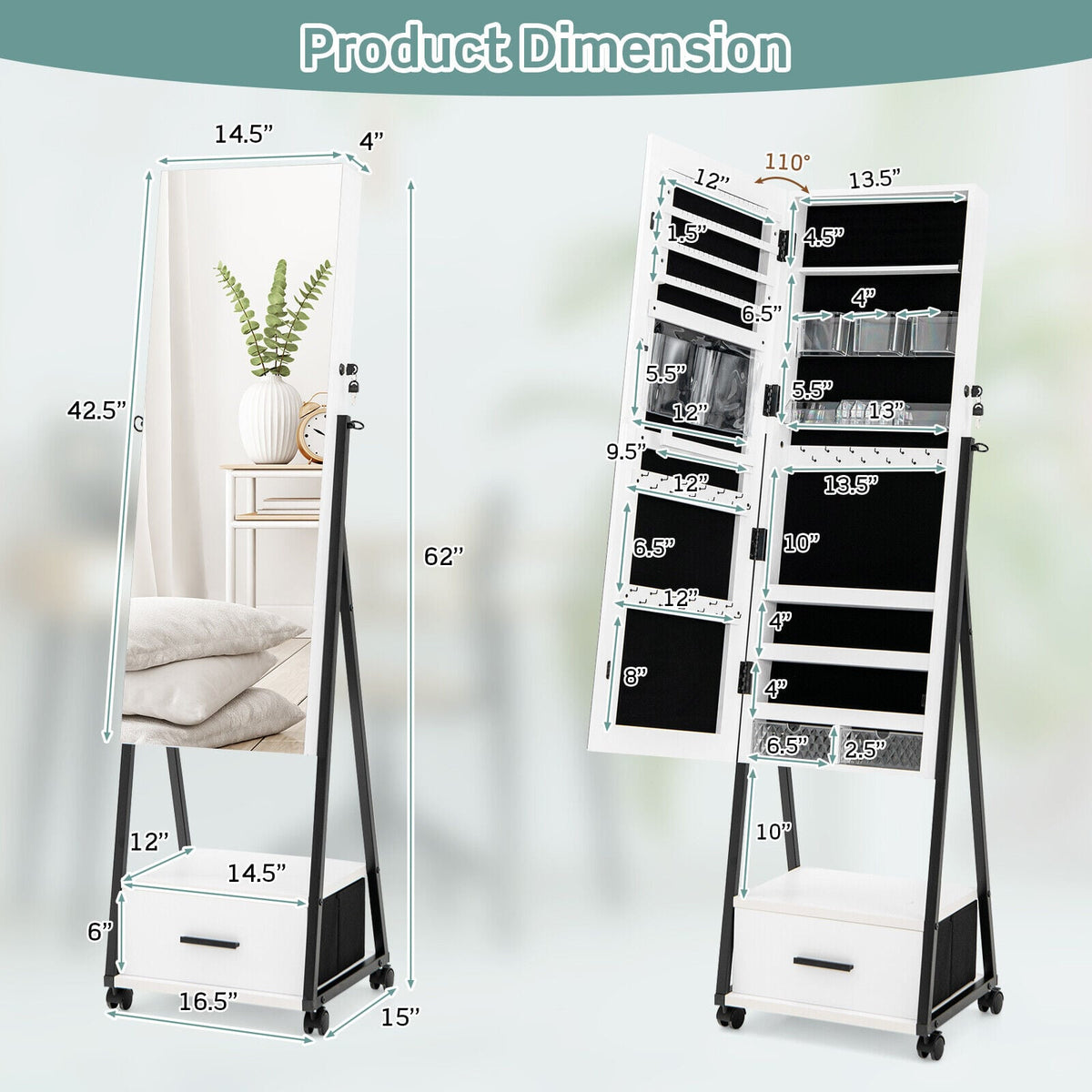 Jewelry Cabinet with Full-Length Mirror-White-Jewelry Armoires-DECOROLALA