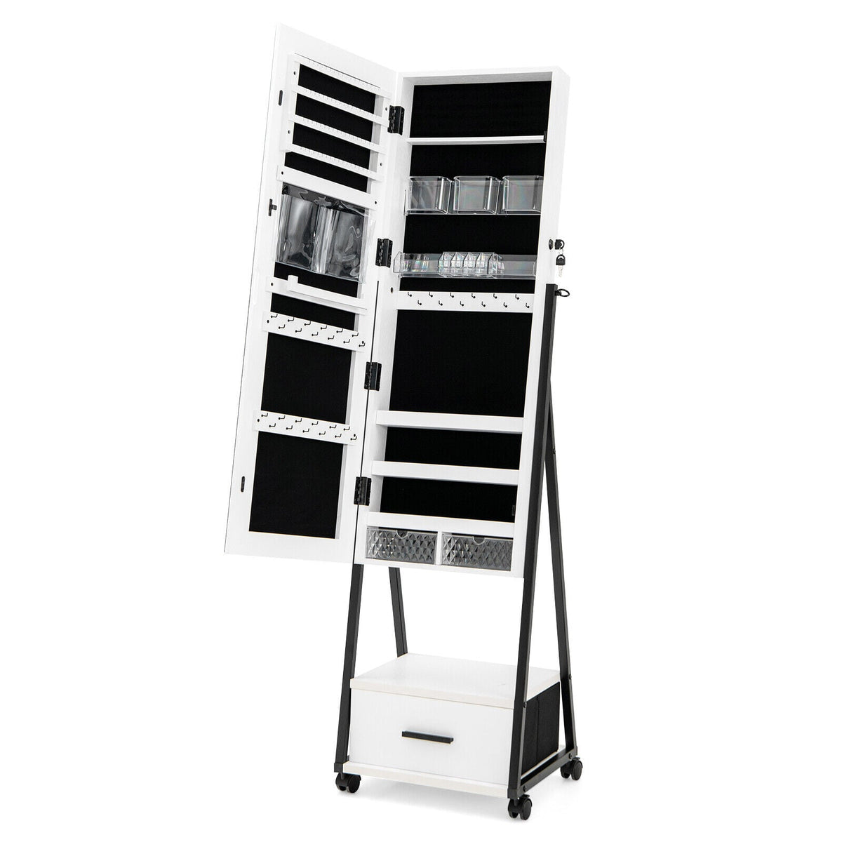 Jewelry Cabinet with Full-Length Mirror-White-Jewelry Armoires-DECOROLALA
