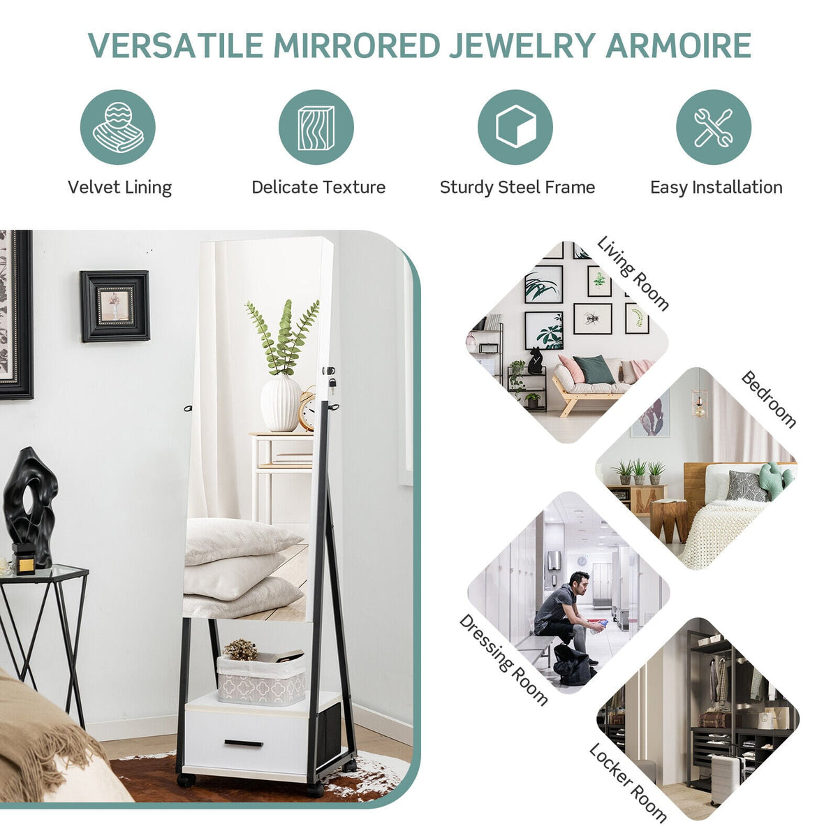 Jewelry Cabinet with Full-Length Mirror-White-Jewelry Armoires-DECOROLALA
