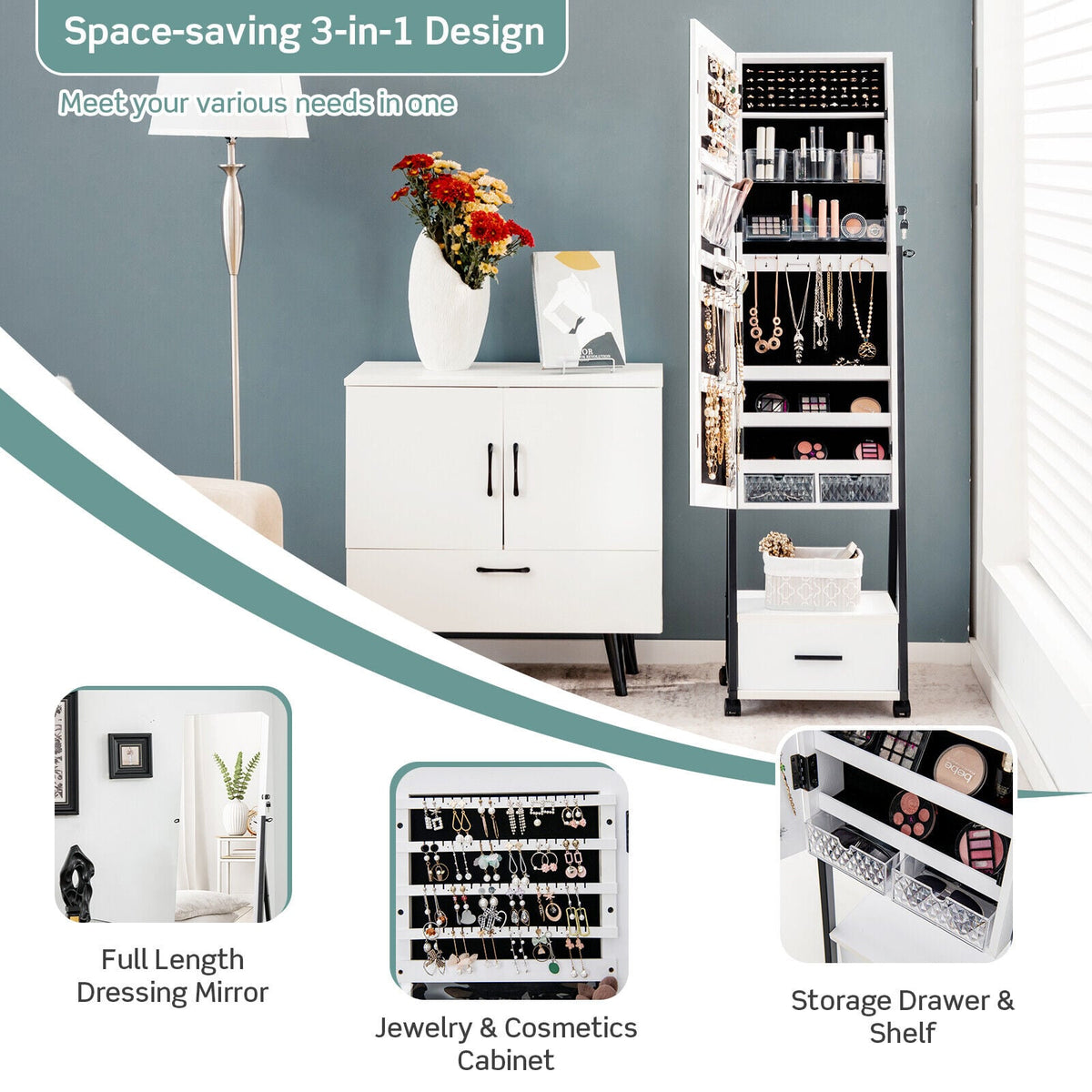 Jewelry Cabinet with Full-Length Mirror-White-Jewelry Armoires-DECOROLALA