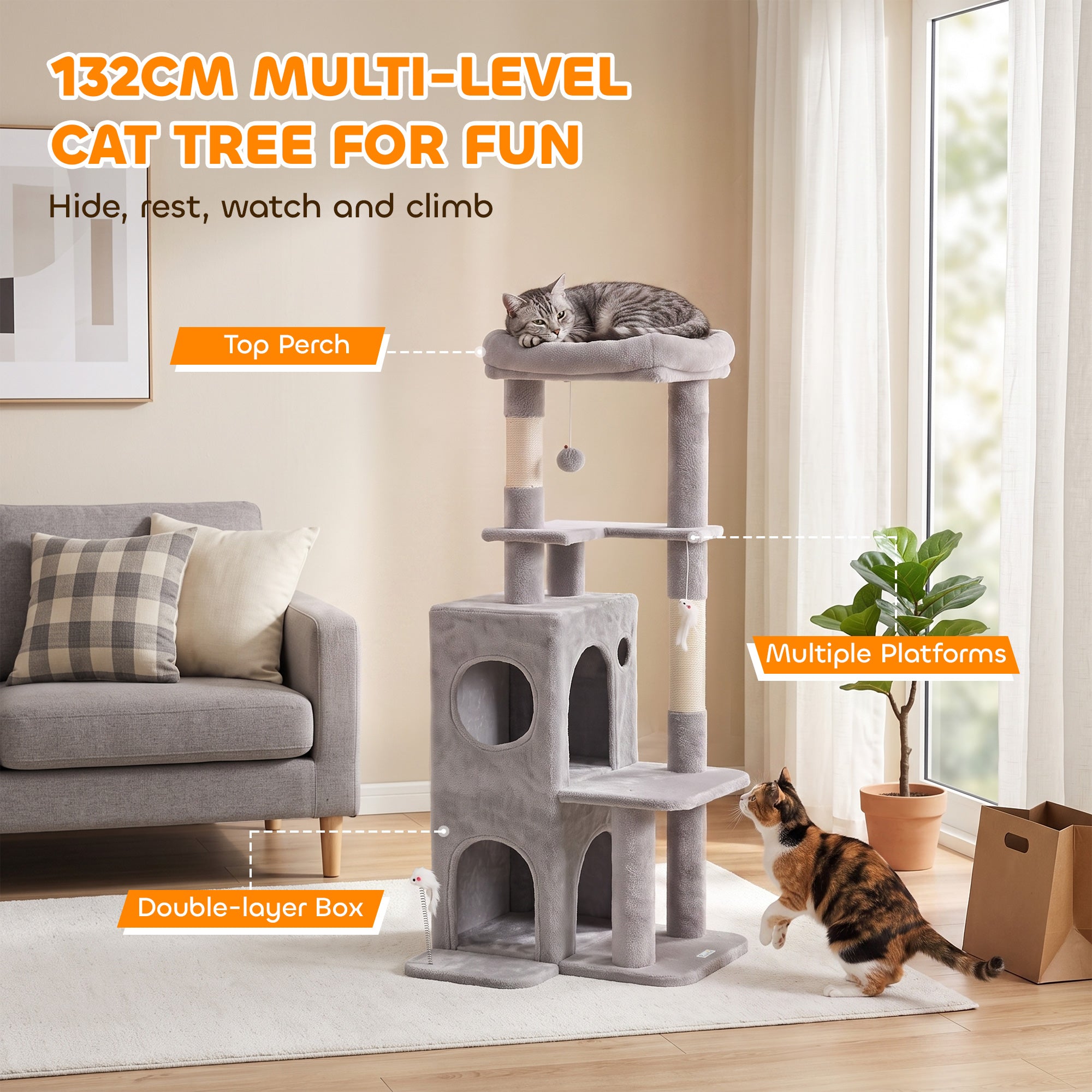 52" Cat Tree, Multi-Level Large Cat Tower House with 2-Tier Condo, Bed, Sisal Scratching Posts, Light Grey