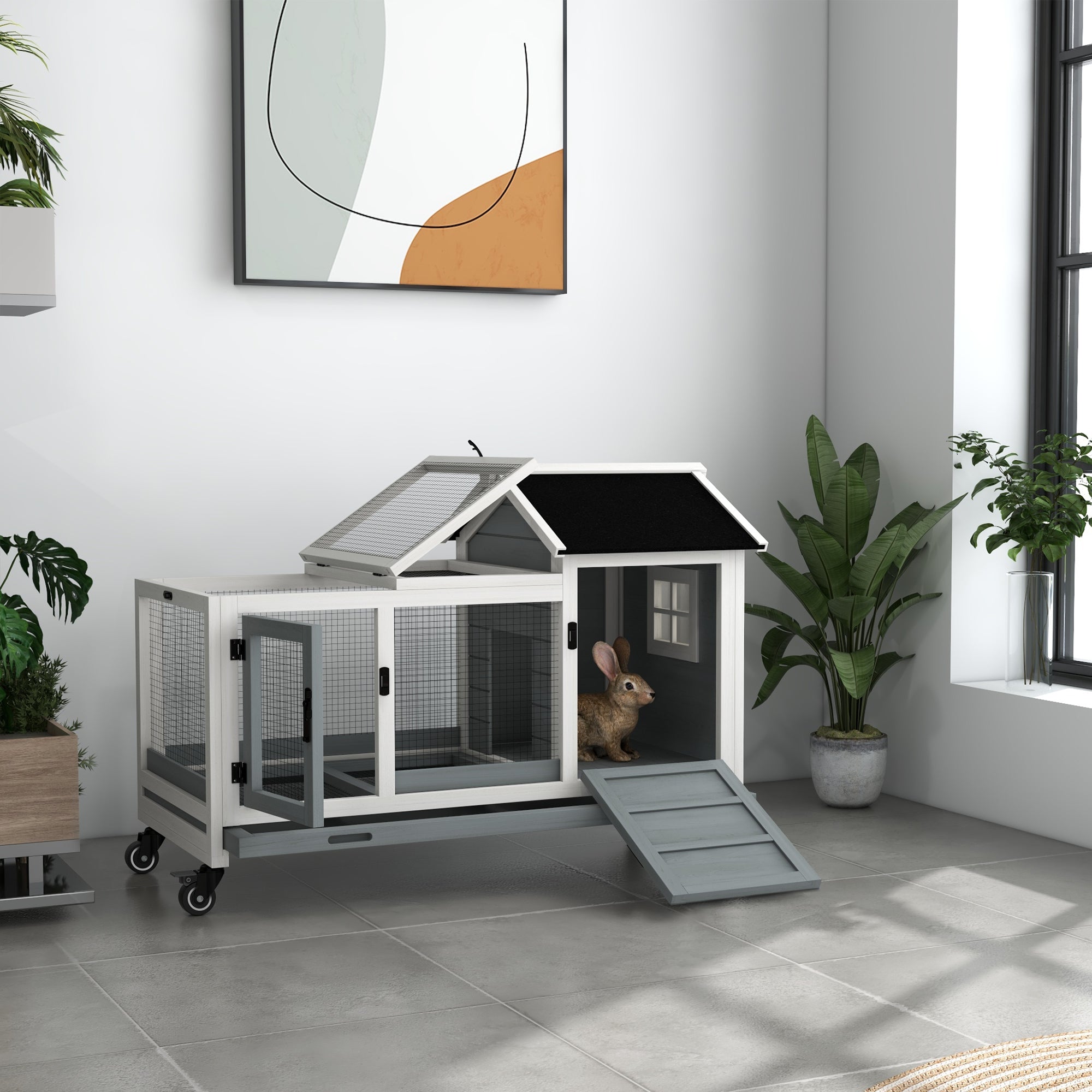 Cage à lapin avec roulettes, rampe, espace d’exercice et bac, pour intérieur et extérieur, adapté aux lapins et aux cochons d’Inde, gris