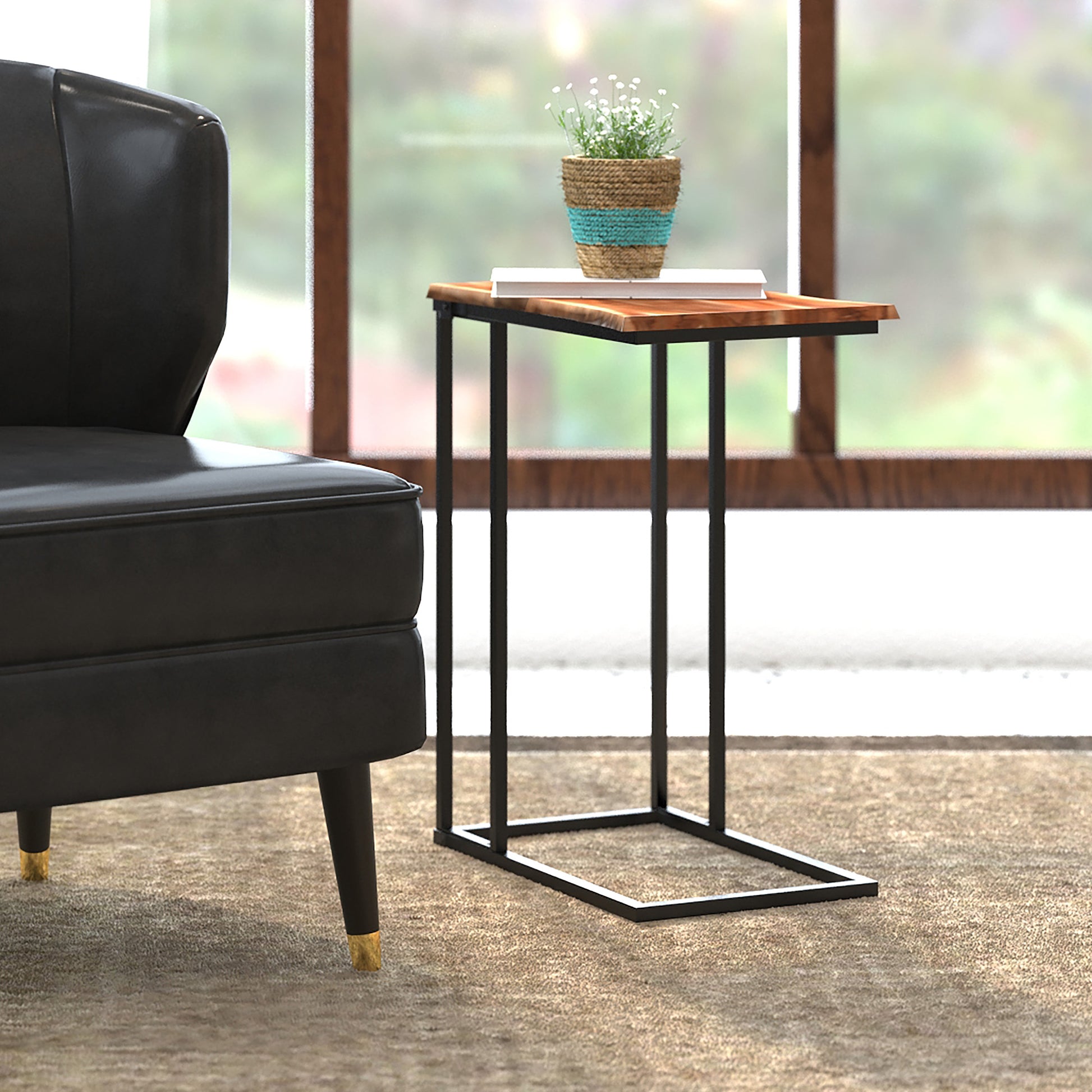 Jivin C-Style Accent Table - Natural Live Edge Wood Black Iron Frame-Accent Table-DECOROLALA