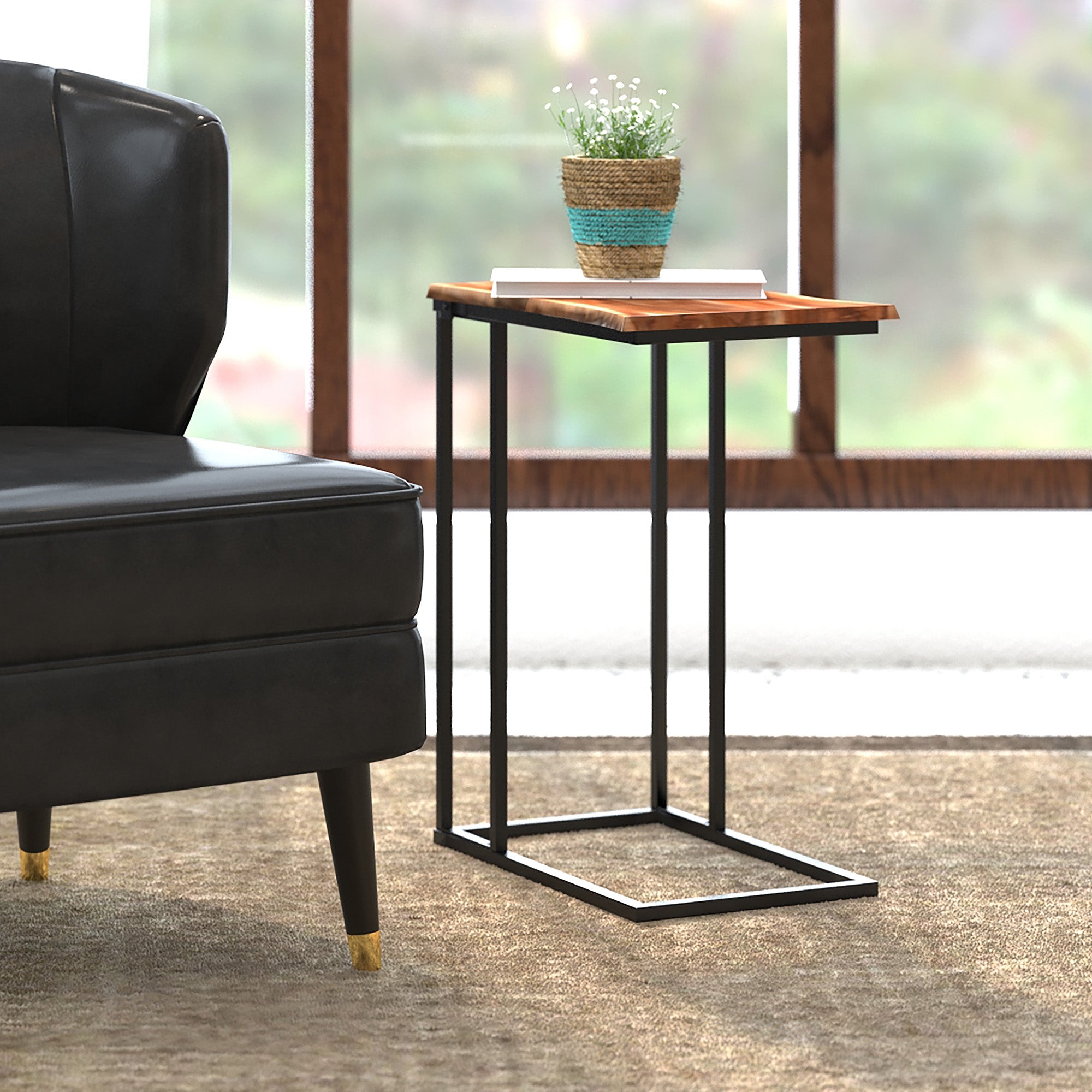 Jivin C-Style Accent Table - Natural Live Edge Wood Black Iron Frame-Accent Table-DECOROLALA