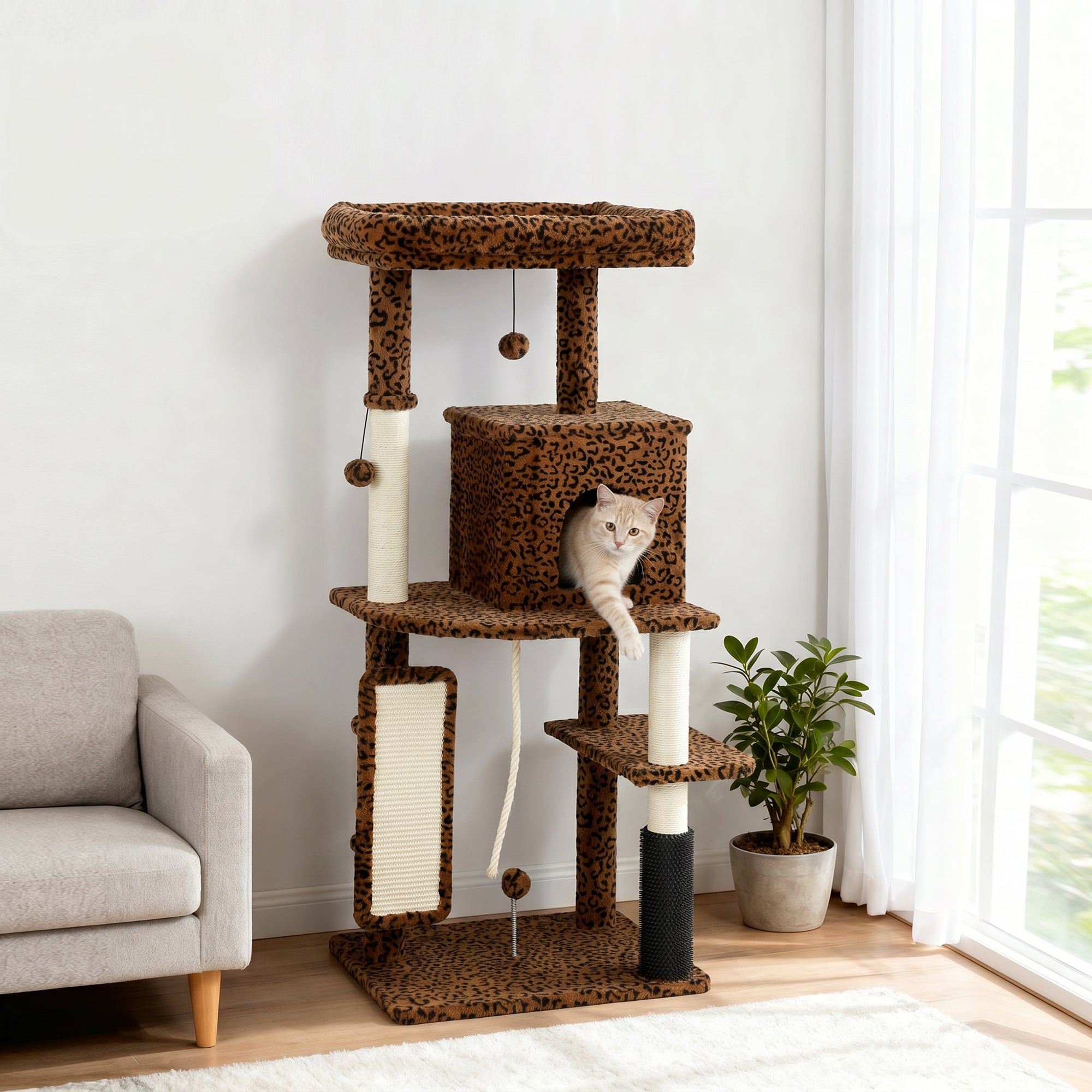 52 Inch Cat Tree with Scratching Posts, Cat Bed, Condo, Jumping Platforms, Toy Balls, Anti-tip Kit