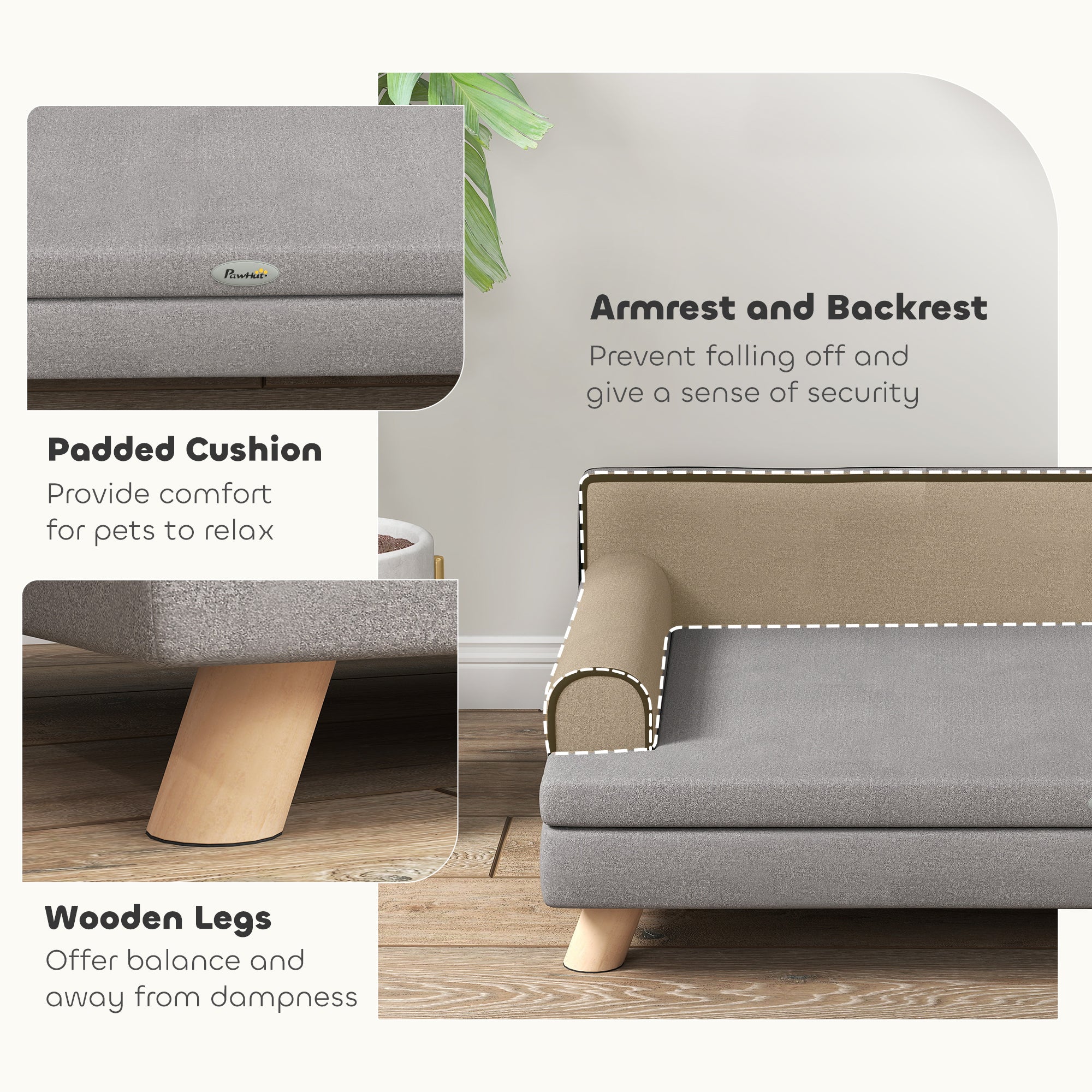 Elevated Dog Sofa Bed, Cat Couch with Cushion, Washable Cover, Wooden Legs, for Medium & Large Dogs, Light Grey