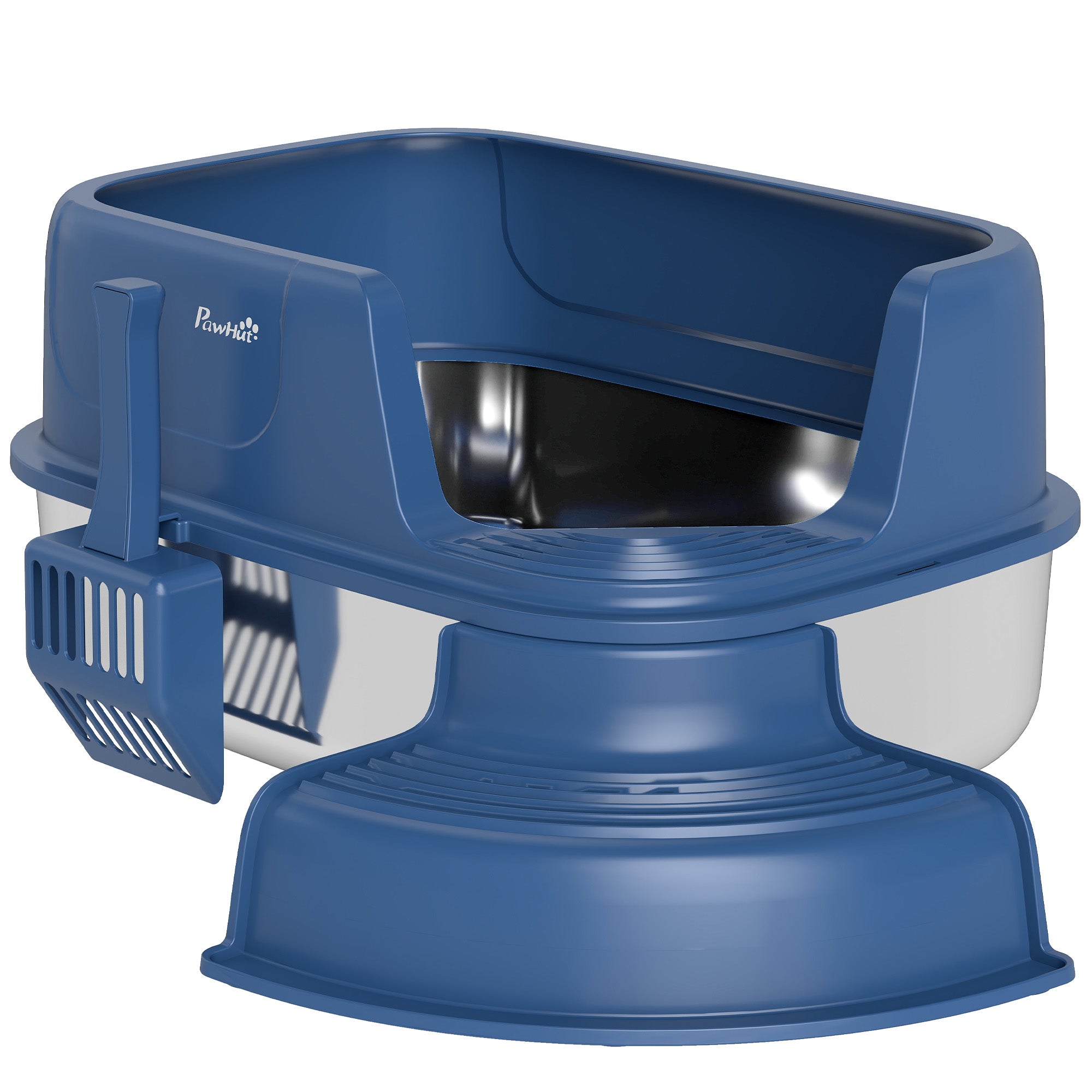 Bac à litière pour chat en acier inoxydable, avec paroi haute et pelle, anti-fuite, facile à nettoyer, bleu marine