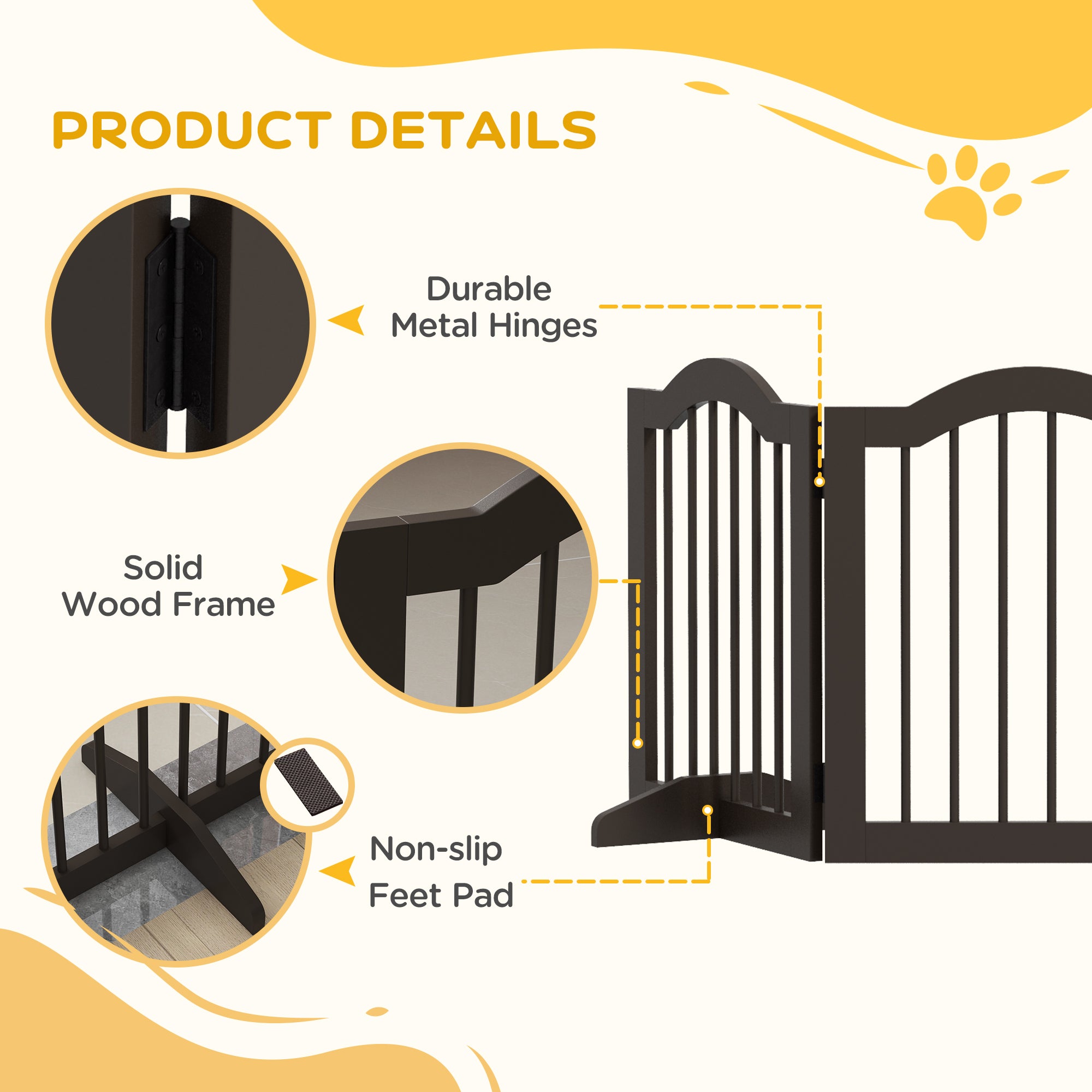 Barrière autoportante pour animaux de 24" pour chiens avec 2 pieds de support, café