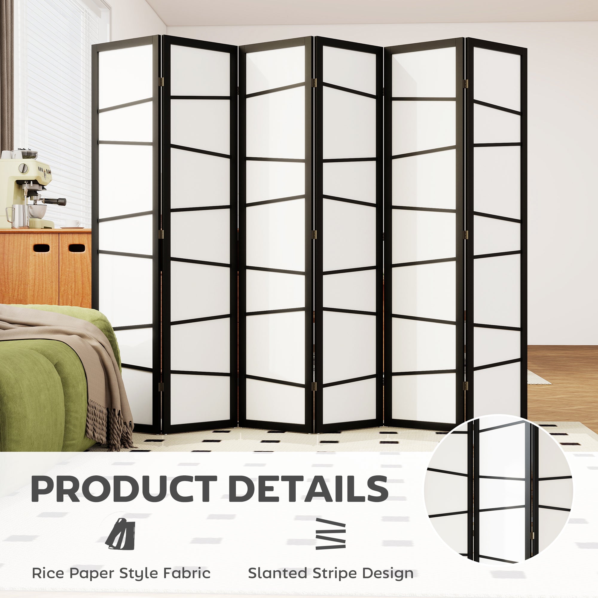 66.9" Folding Room Divider, 6 Panel Wall Partition with Wood Frame for Bedroom, Home Office, White