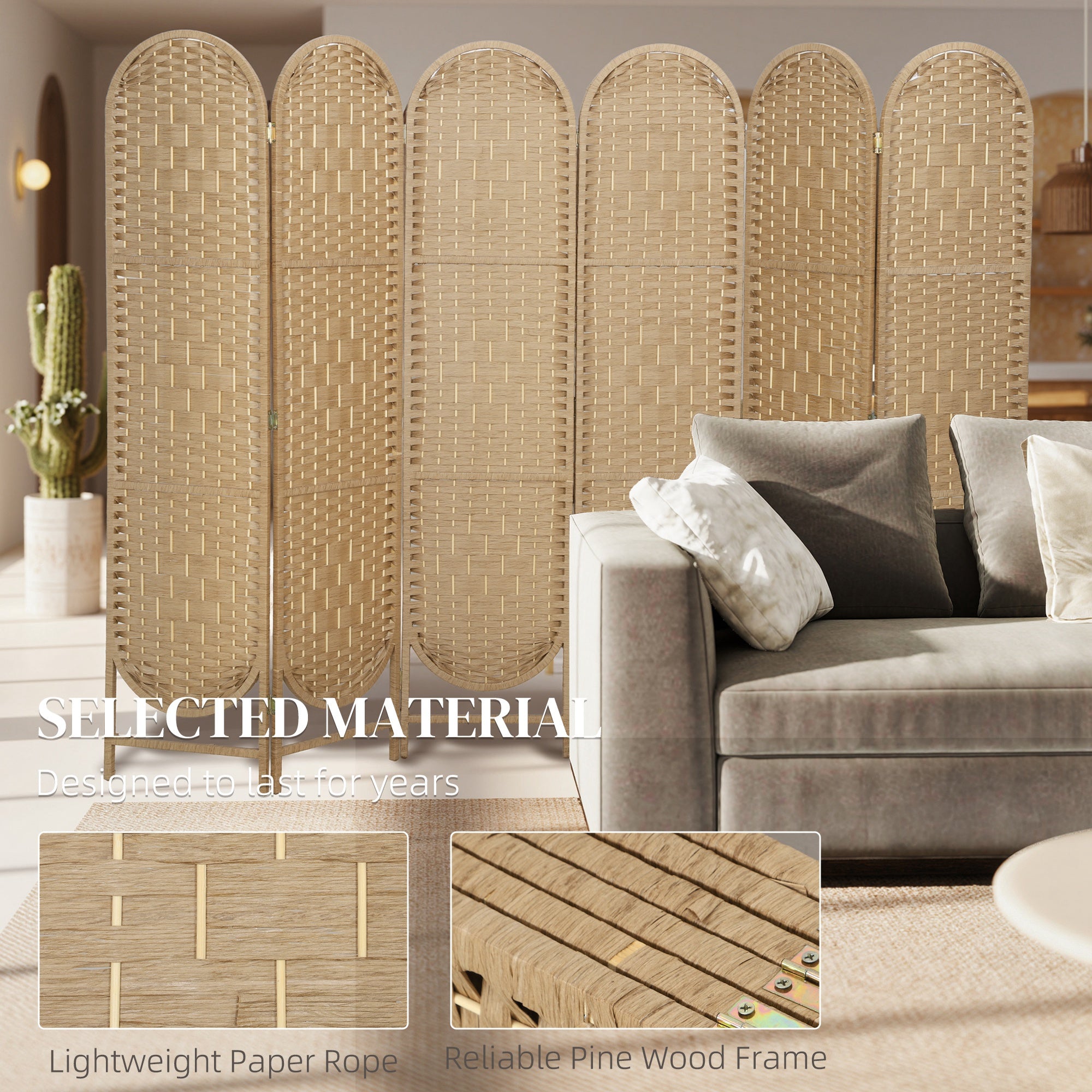 Bohemian Privacy Screen, Folding Room Divider with 6 Panels and Arched Top for Bedroom Living Room Office, Natural Wood