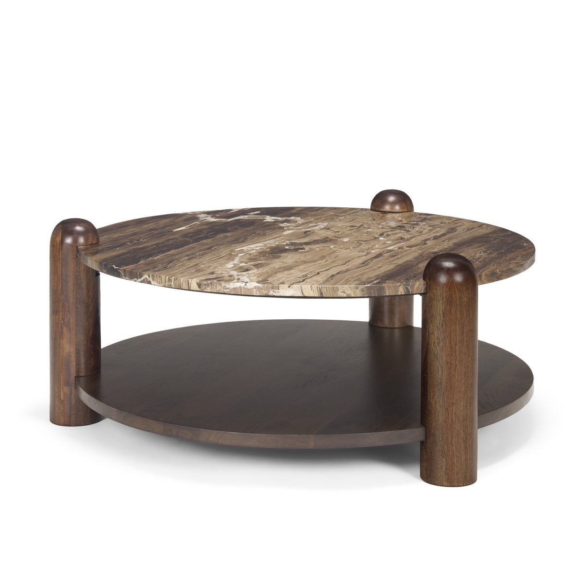 Jovia Brown Mango Wood W/ Cappuccino Marble Round Coffee Table-Coffee Tables-DECOROLALA