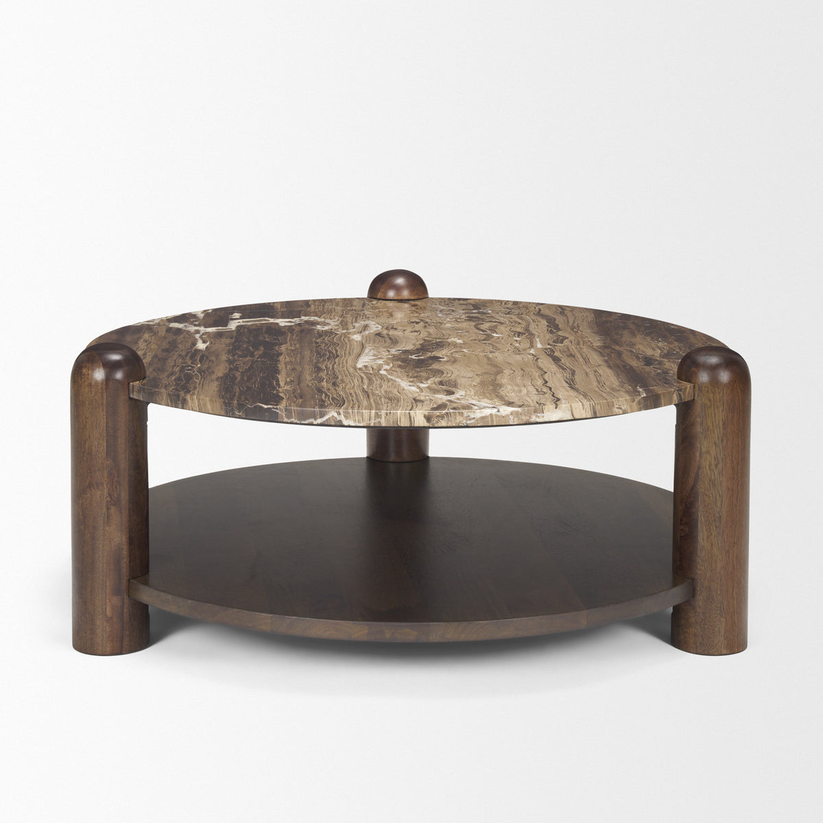 Jovia Brown Mango Wood W/ Cappuccino Marble Round Coffee Table-Coffee Tables-DECOROLALA