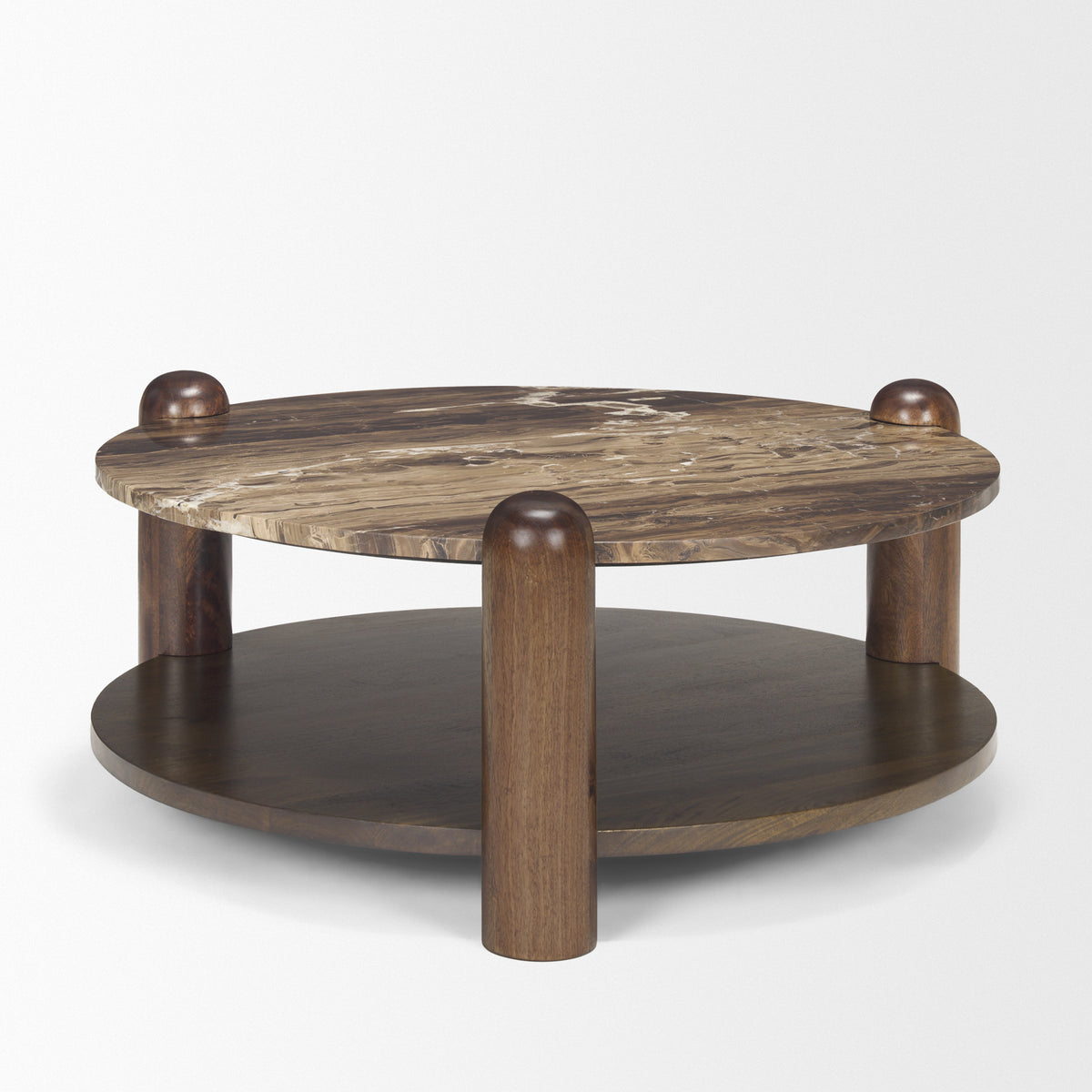 Jovia Brown Mango Wood W/ Cappuccino Marble Round Coffee Table-Coffee Tables-DECOROLALA