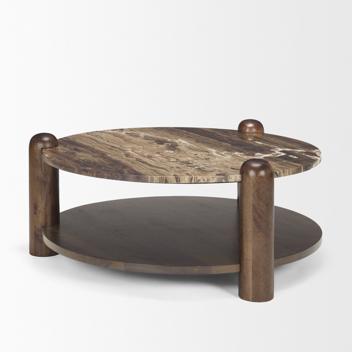 Jovia Brown Mango Wood W/ Cappuccino Marble Round Coffee Table-Coffee Tables-DECOROLALA